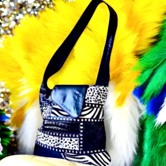 Vintage Genuine Leather Calf Hair Patchwork Shoulder Bag Mixed Prints - Picture 14 of 14